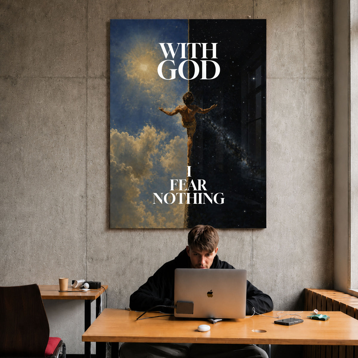 I Fear Nothing acrylic wall art above a workspace