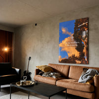 In My Weakness, 2 Corinthians 12:9 acrylic wall art — brown sofa living room