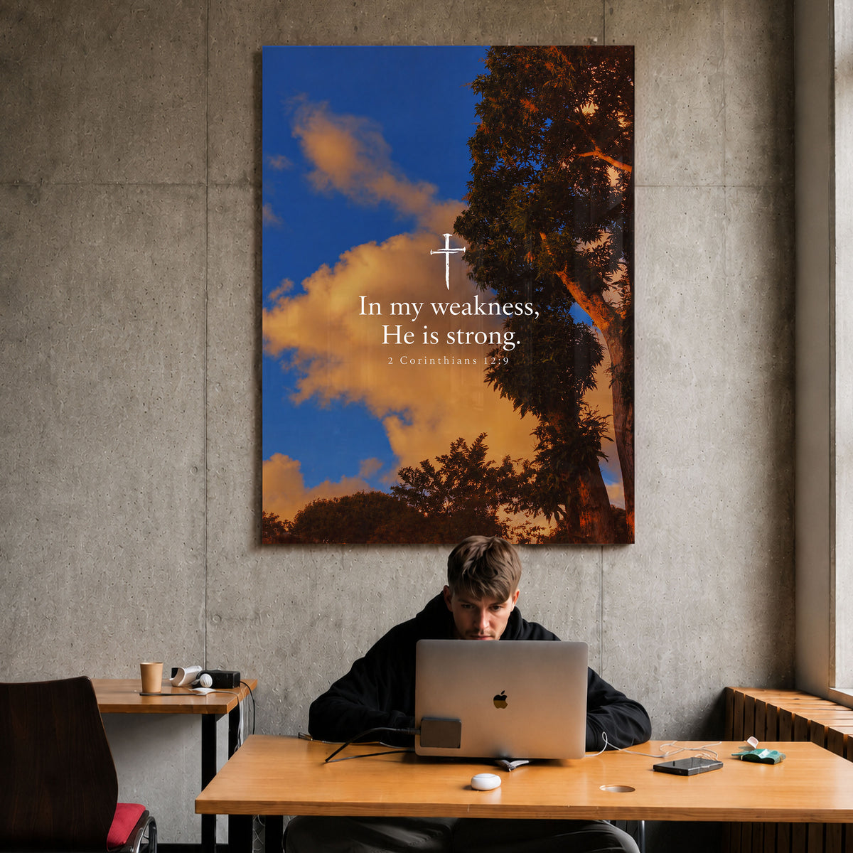 In My Weakness, 2 Corinthians 12:9 acrylic wall art — workspace