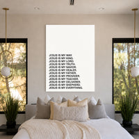 Jesus Is acrylic wall art displayed above a bed