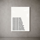 Jesus Is minimalist acrylic wall art on a concrete wall