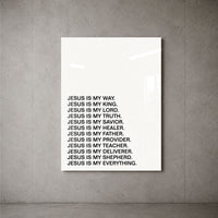 Jesus Is minimalist acrylic wall art on a concrete wall