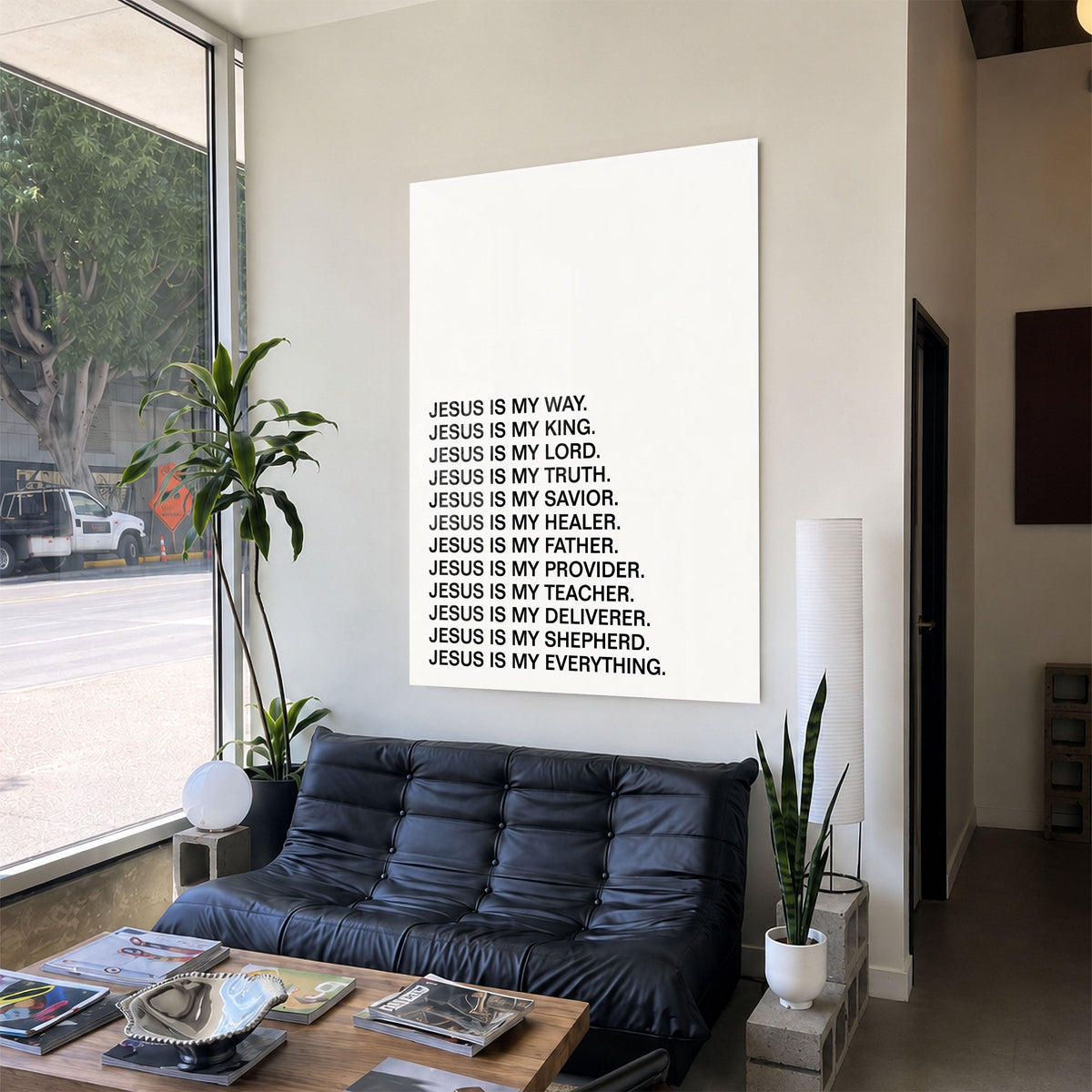 Jesus Is acrylic wall art displayed in a modern living room