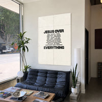 Jesus Over Everything cream acrylic wall art — black sofa living room
