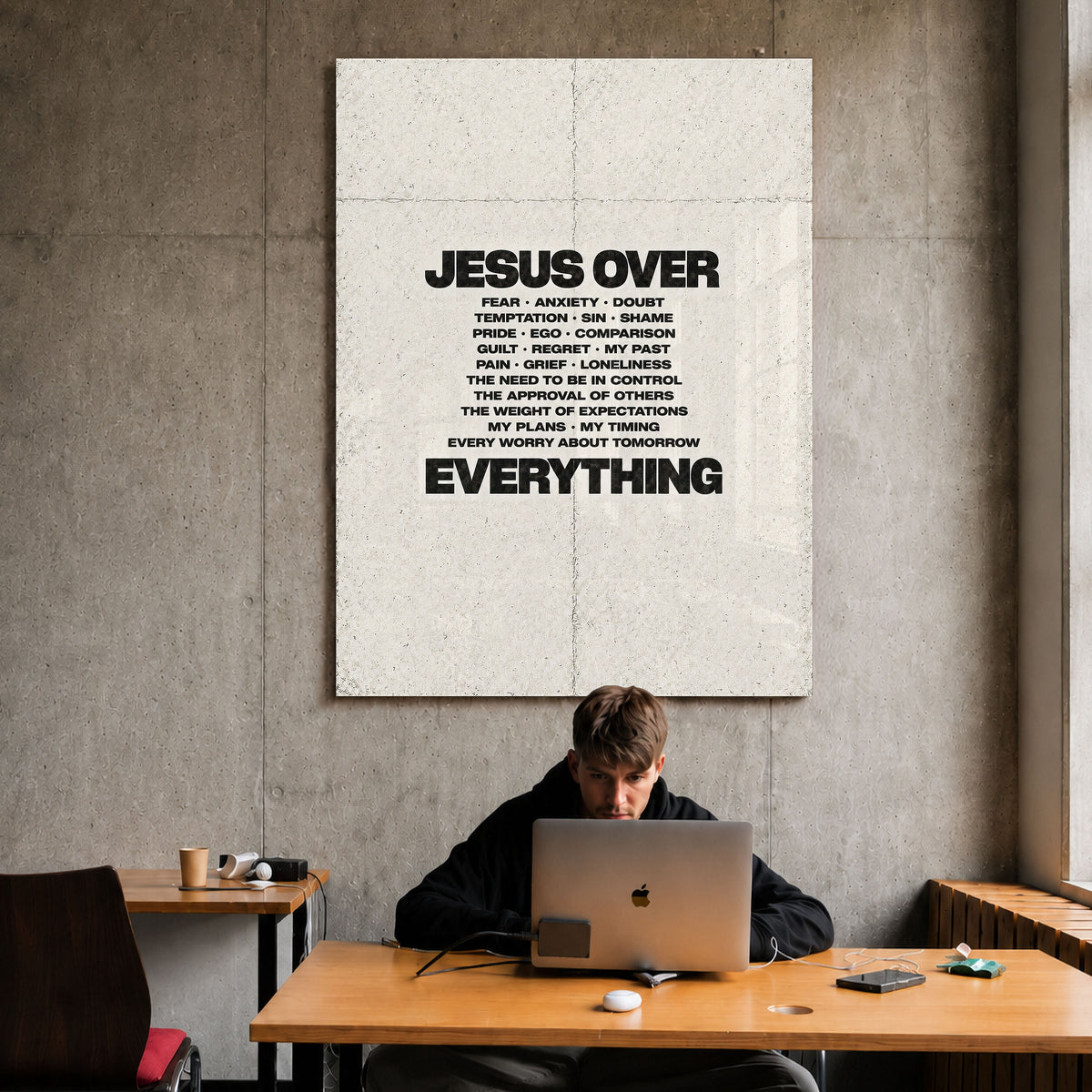 Jesus Over Everything cream acrylic wall art — workspace