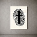 Marked By Him cross and fingerprint acrylic wall art on a concrete wall