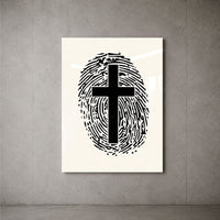 Marked By Him cross and fingerprint acrylic wall art on a concrete wall