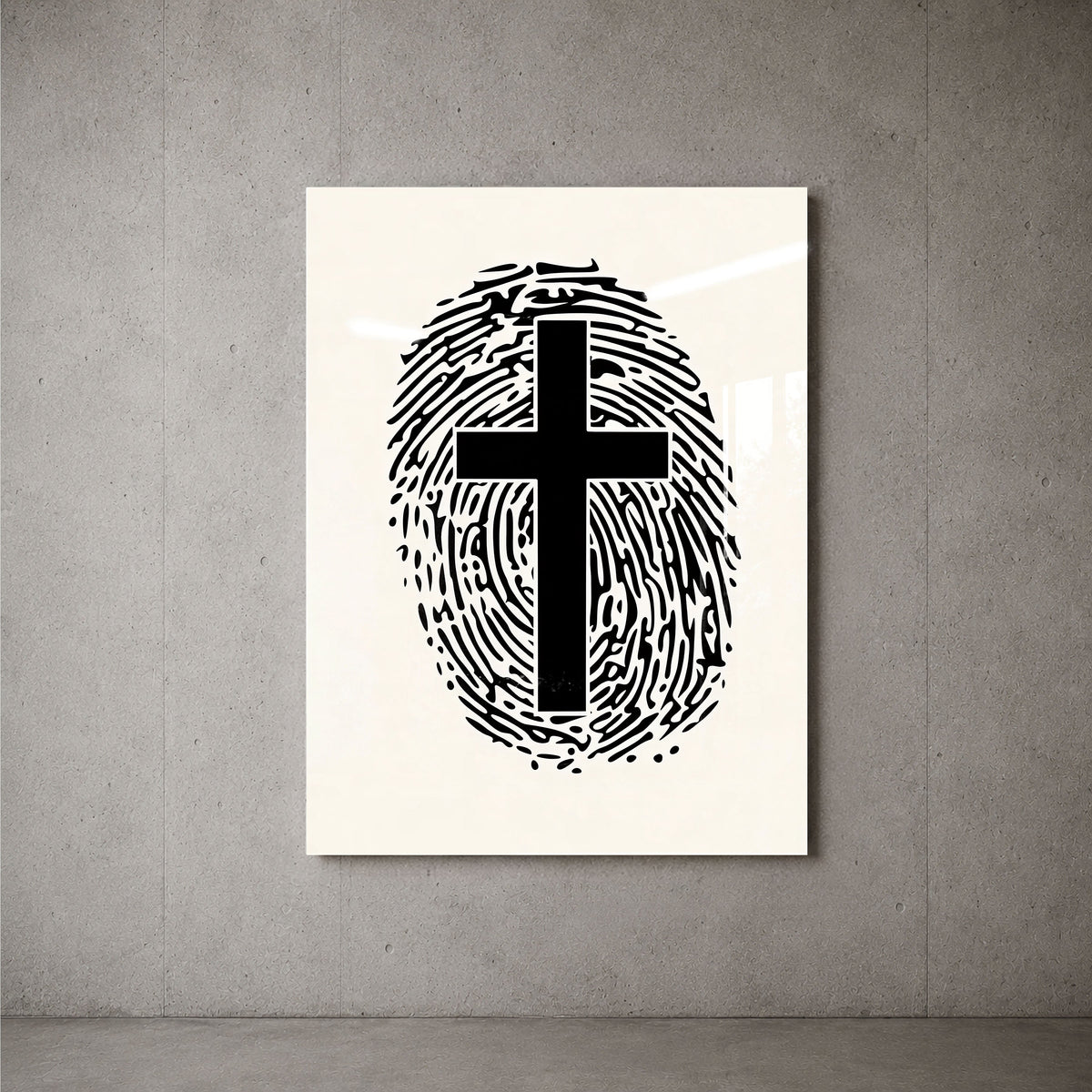 Marked By Him cross and fingerprint acrylic wall art on a concrete wall