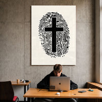 Marked By Him acrylic wall art displayed above a workspace