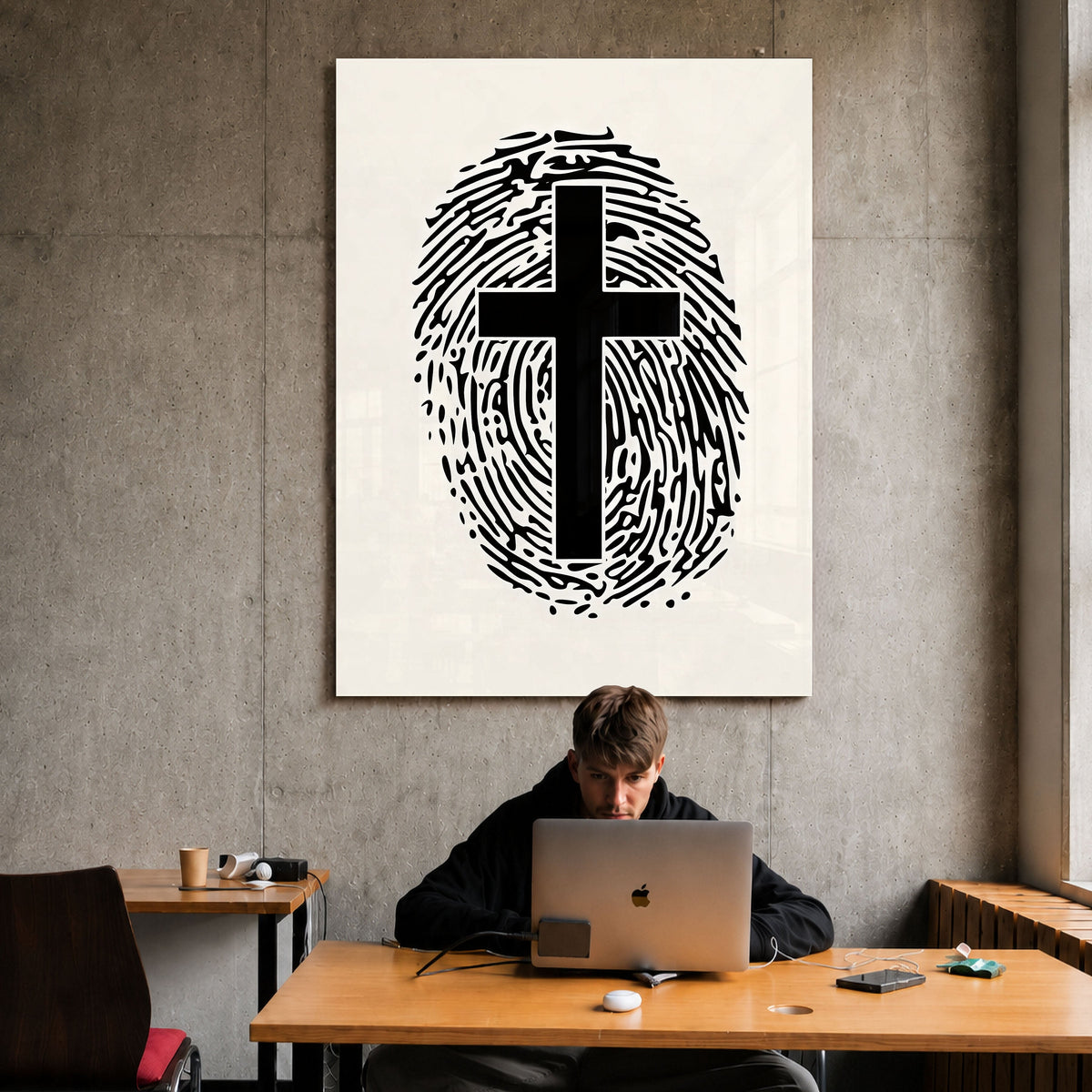 Marked By Him acrylic wall art displayed above a workspace