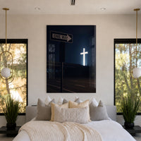 One Way acrylic wall art displayed above a bed