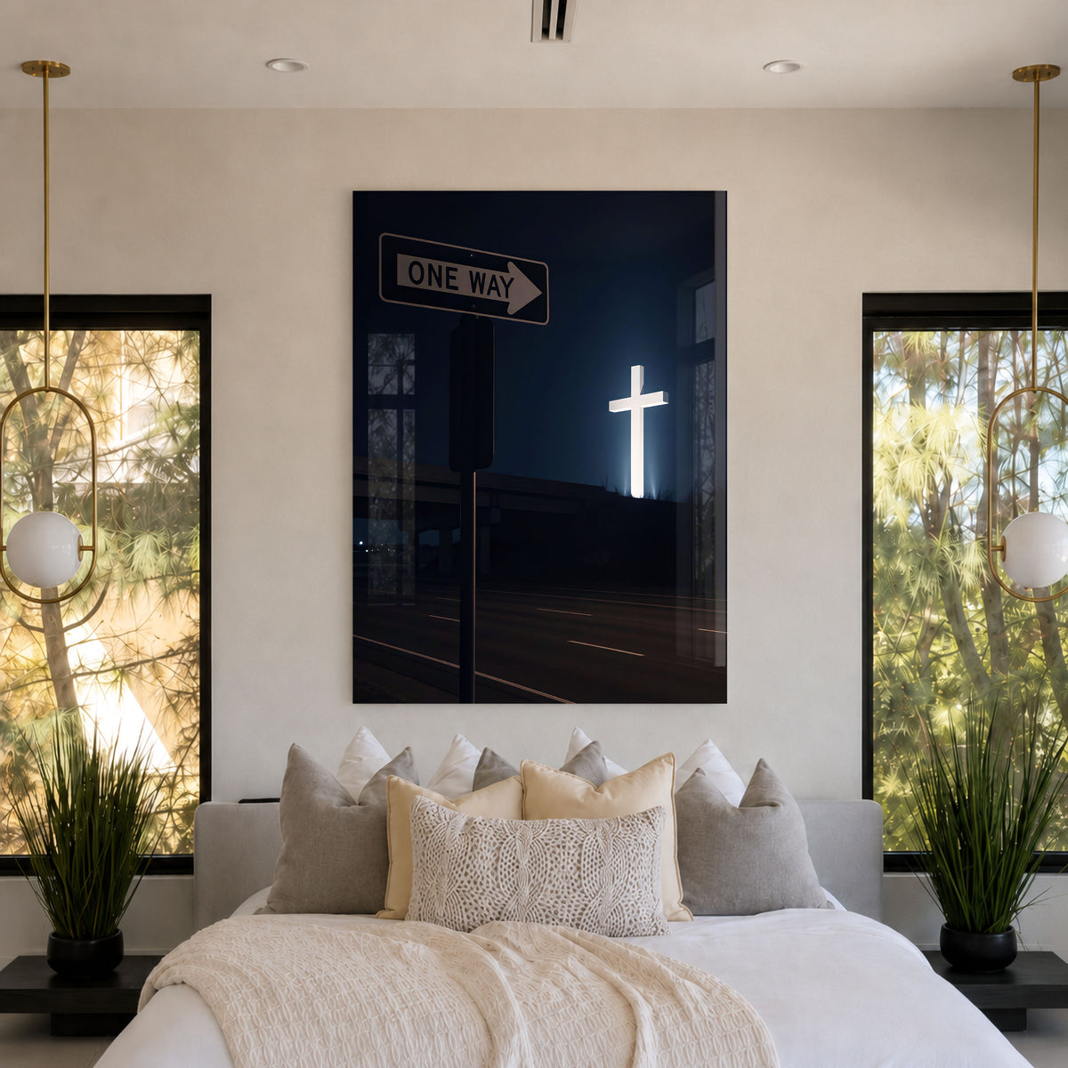 One Way acrylic wall art displayed above a bed