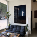 One Way acrylic wall art displayed above a black sofa