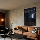 One Way acrylic wall art displayed above a brown sofa