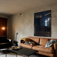 One Way acrylic wall art displayed above a brown sofa