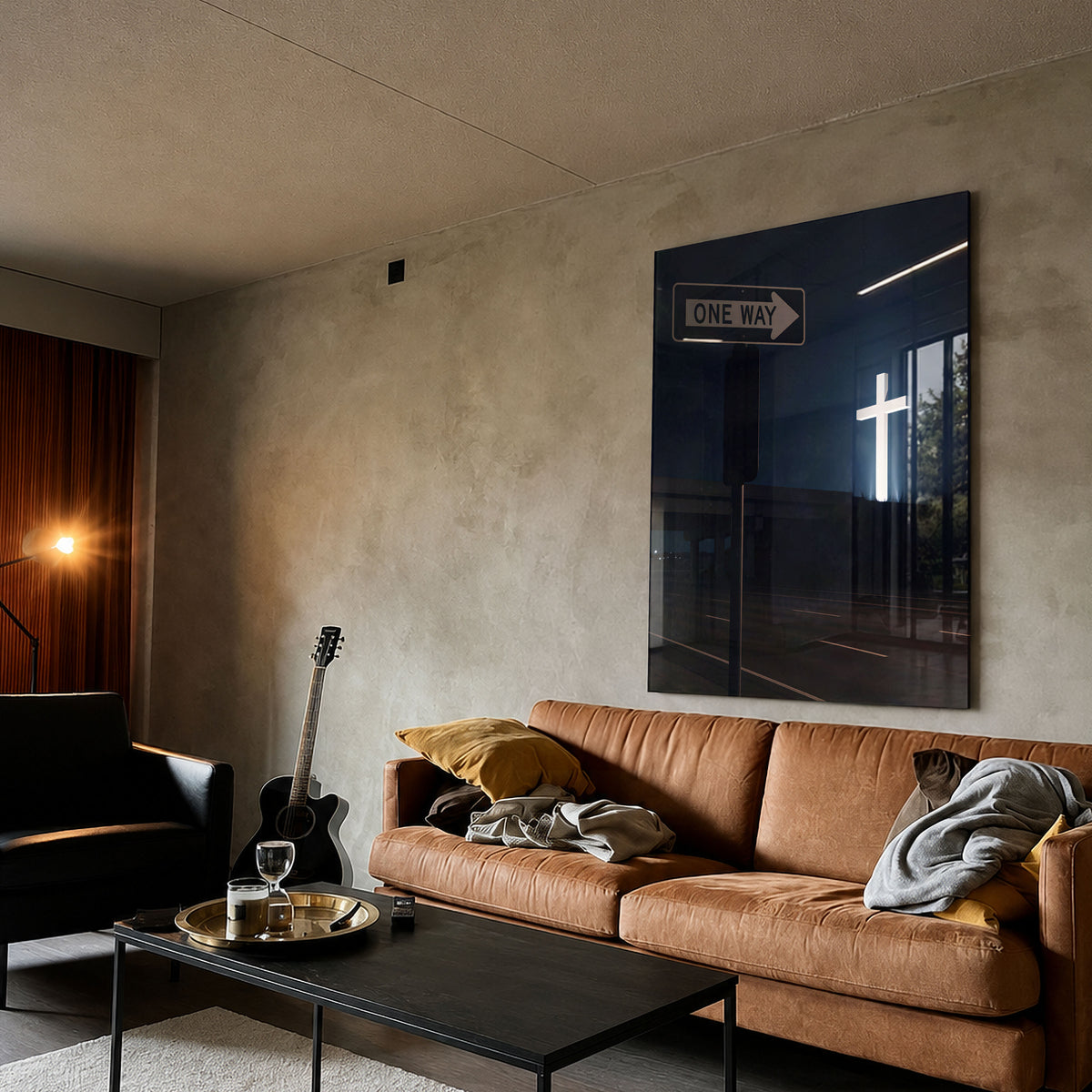 One Way acrylic wall art displayed above a brown sofa