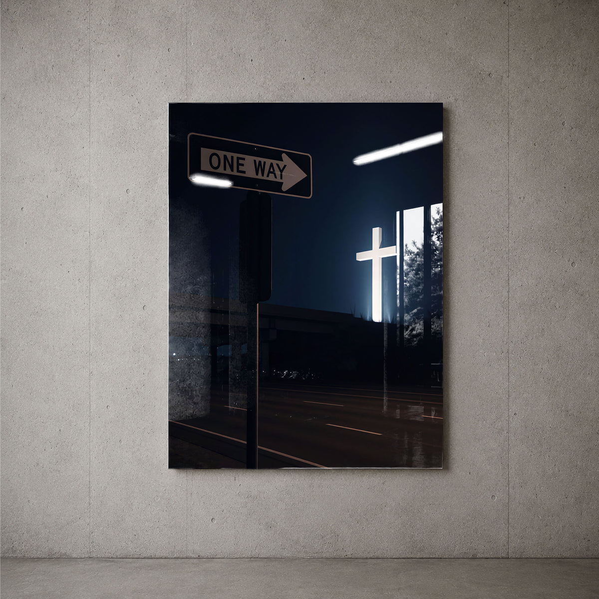 One Way acrylic wall art displayed on a concrete wall