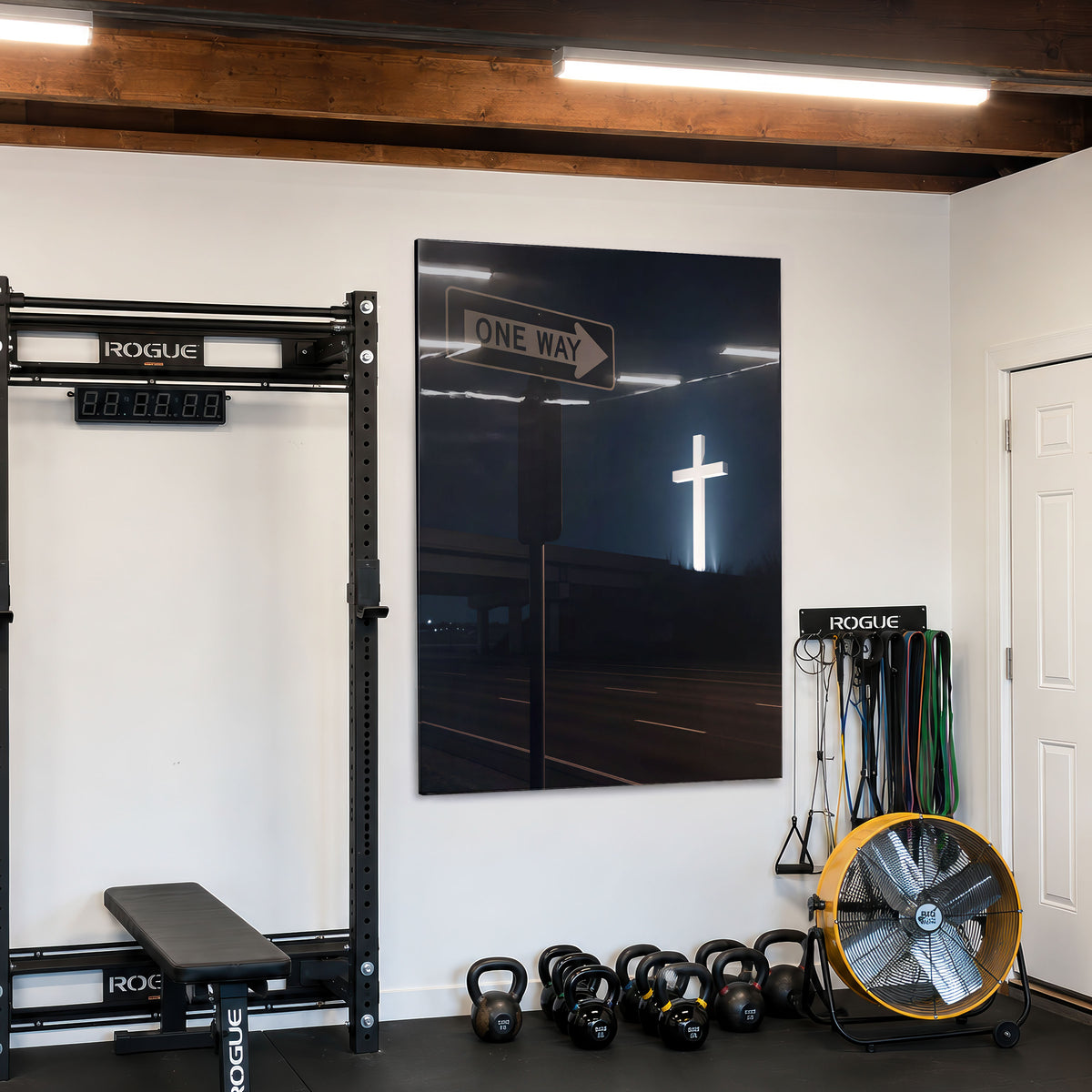 One Way acrylic wall art displayed in a home gym