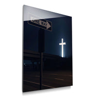 One Way acrylic wall art with a one-way sign pointing toward a glowing cross — product mockup