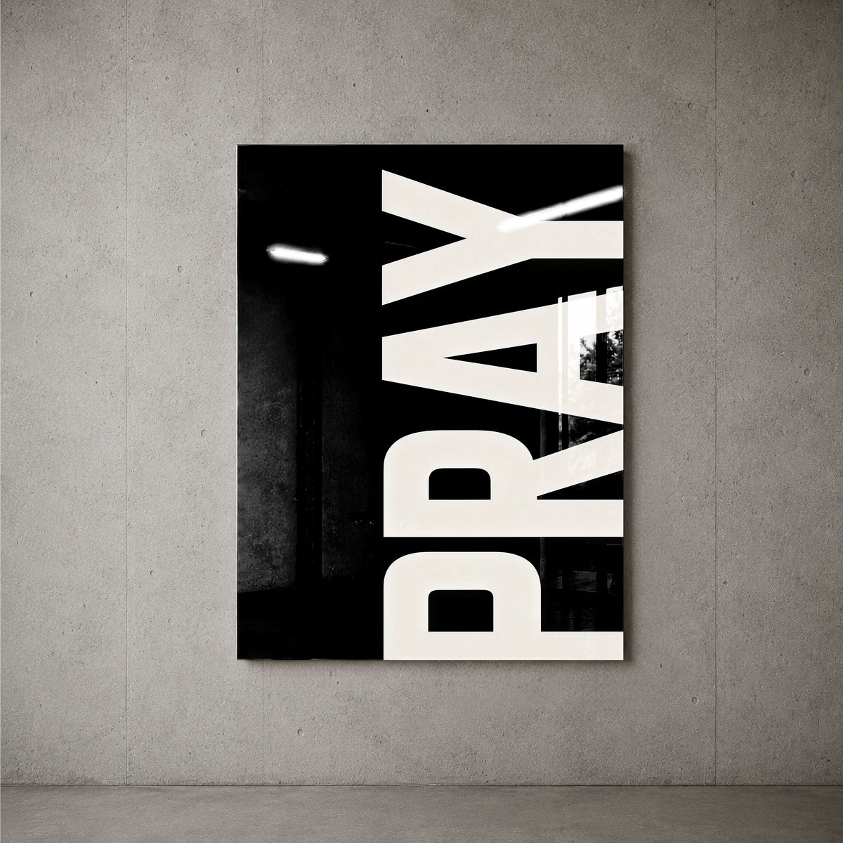 Pray black acrylic wall art — concrete wall