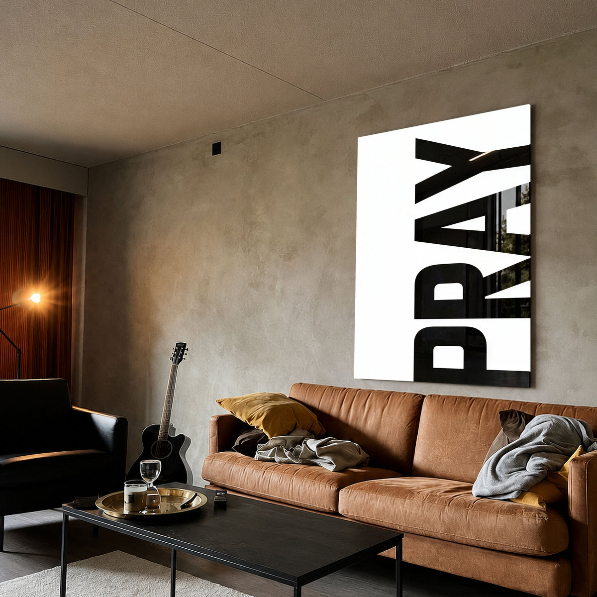 Pray white acrylic wall art — brown sofa