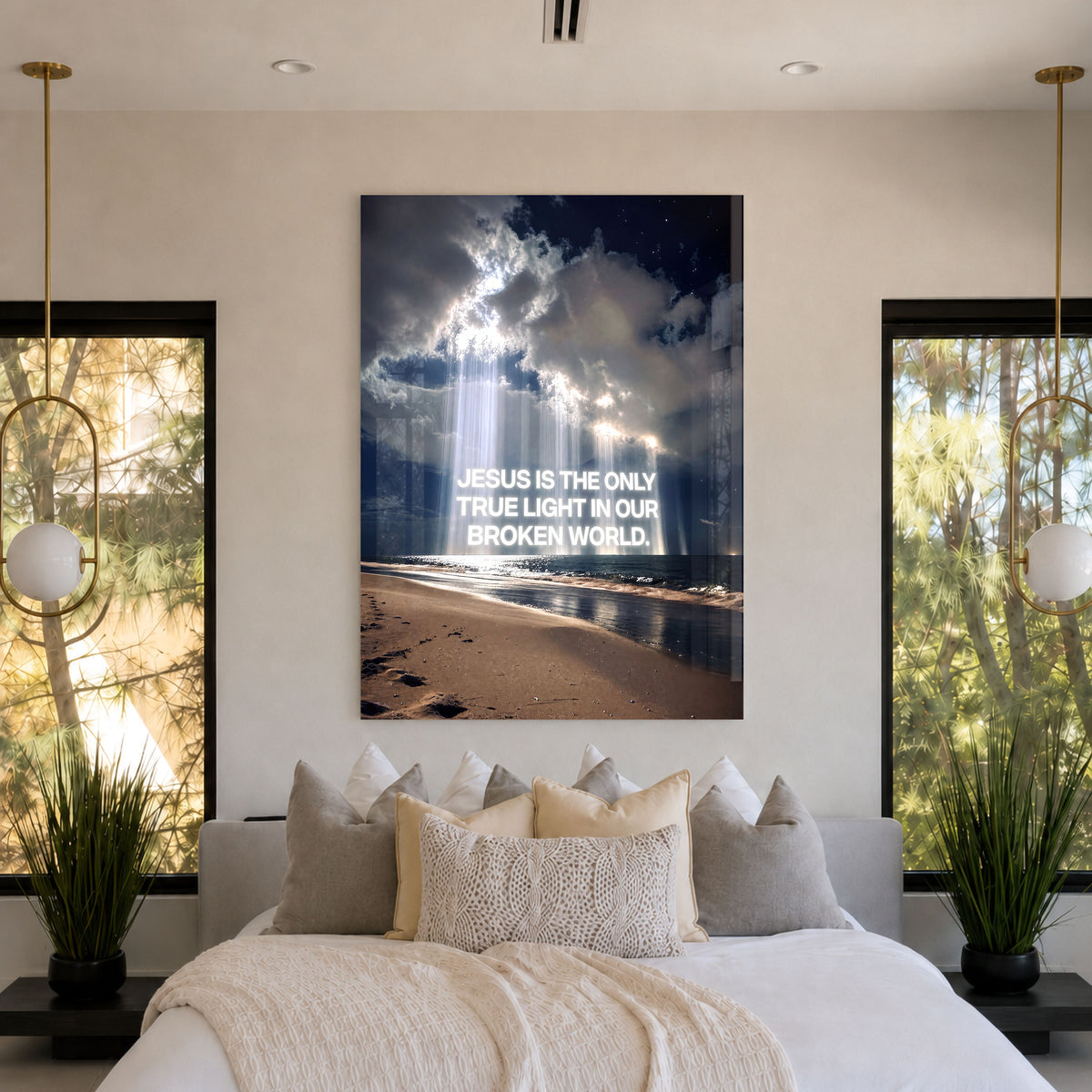 The Light acrylic wall art with ocean, clouds, and “Jesus is the only true light in our broken world” — bedroom