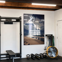 The Light acrylic wall art with ocean, clouds, and “Jesus is the only true light in our broken world” — home gym