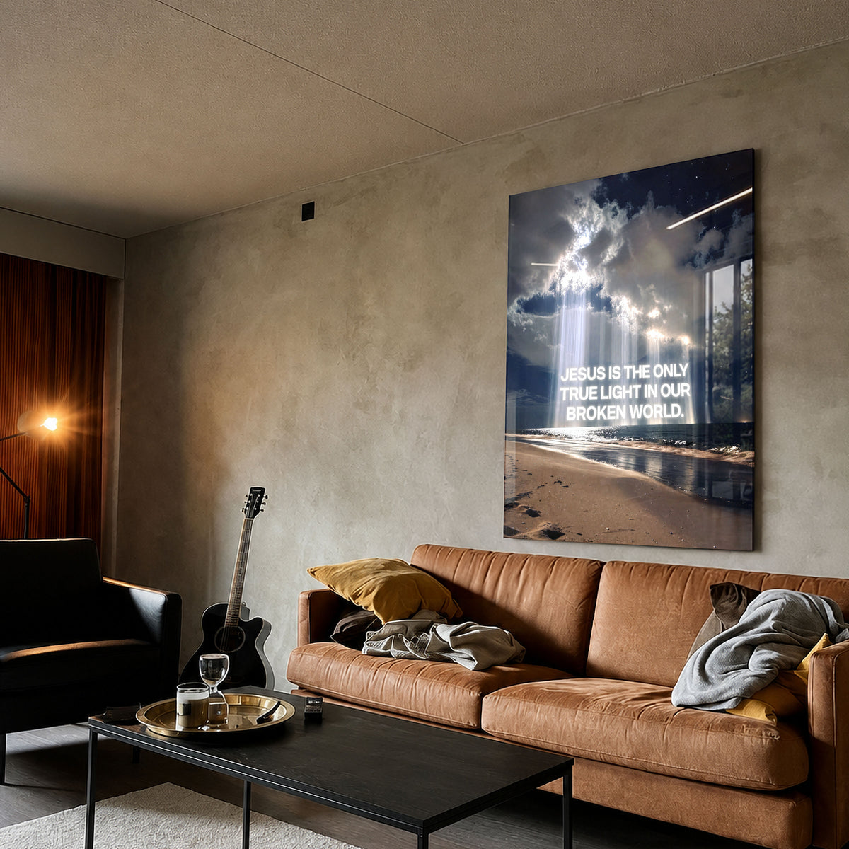 The Light acrylic wall art with ocean, clouds, and “Jesus is the only true light in our broken world” — living room
