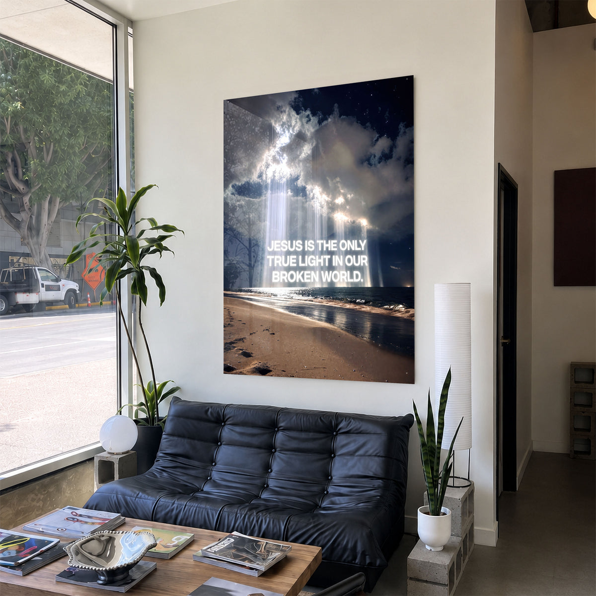 The Light acrylic wall art with ocean, clouds, and “Jesus is the only true light in our broken world” — modern room