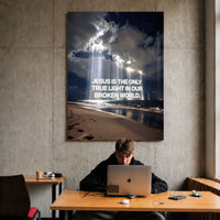 The Light acrylic wall art with ocean, clouds, and “Jesus is the only true light in our broken world” — workspace