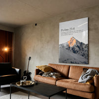 Through The Valley Psalm 23:4 mountain acrylic wall art — brown sofa living room