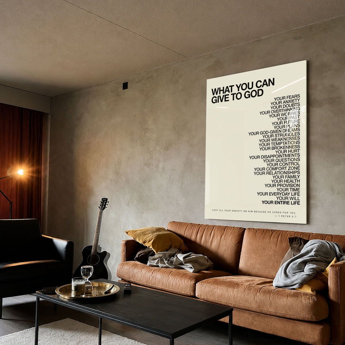 What You Can Give God - Tan acrylic wall art — brown sofa living room