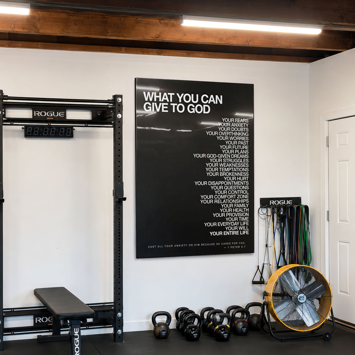 What You Can Give To God acrylic wall art displayed in a home gym