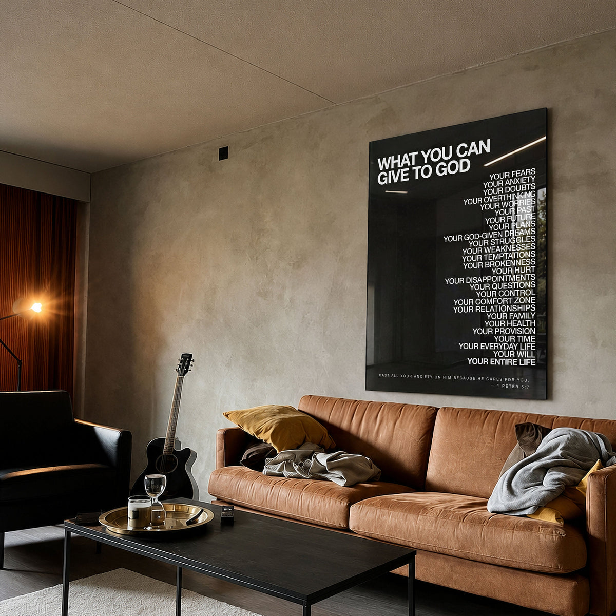 What You Can Give To God acrylic wall art displayed above a brown sofa